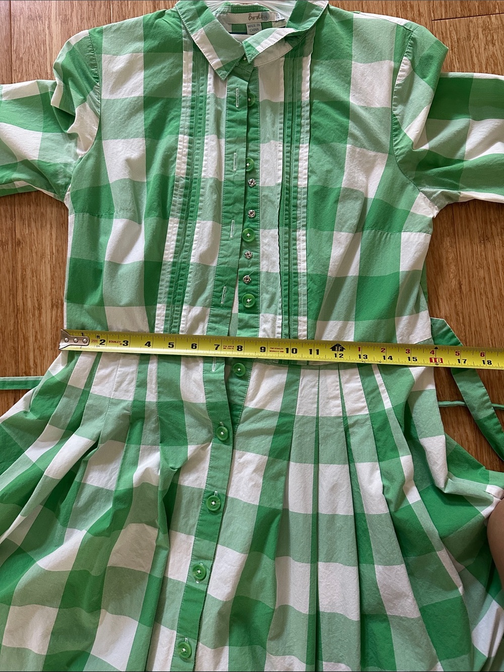 Boden Green and White Gingham Tie-Waist Shirt Dress - Picture 7 of 7